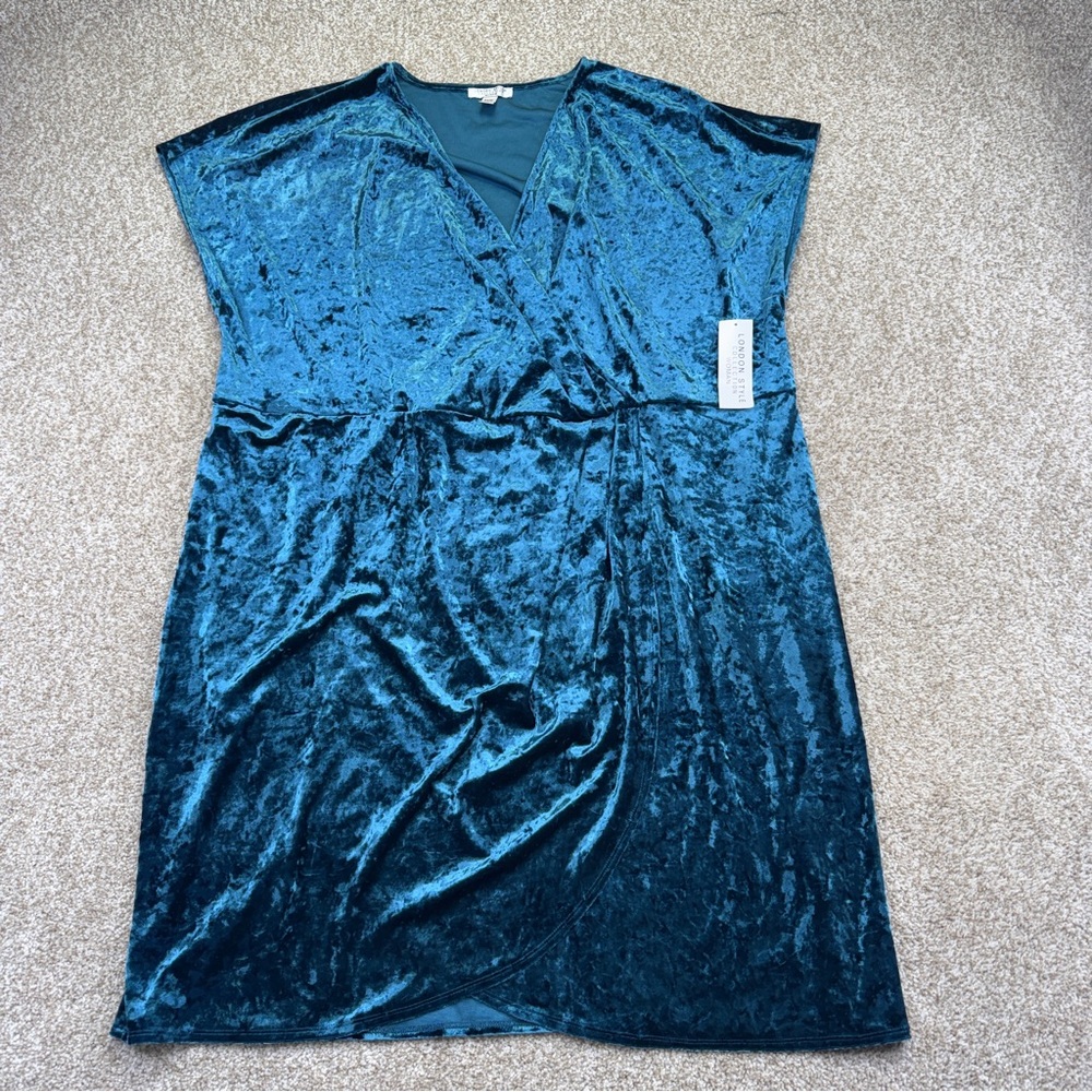 New London Style Elegant Teal Velvet Wrap Dress Women’s Size 24W - Picture 2 of 12